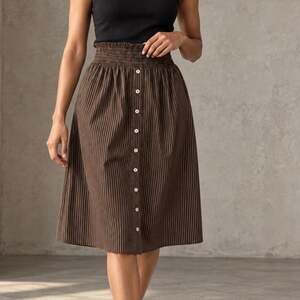 La Ligne Midi Skirt Women's Medium Brown Pinstripe Smocked Waist Button Front